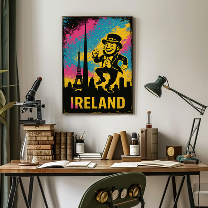 Ireland Dancing Leprechaun Retro Skyline Poster