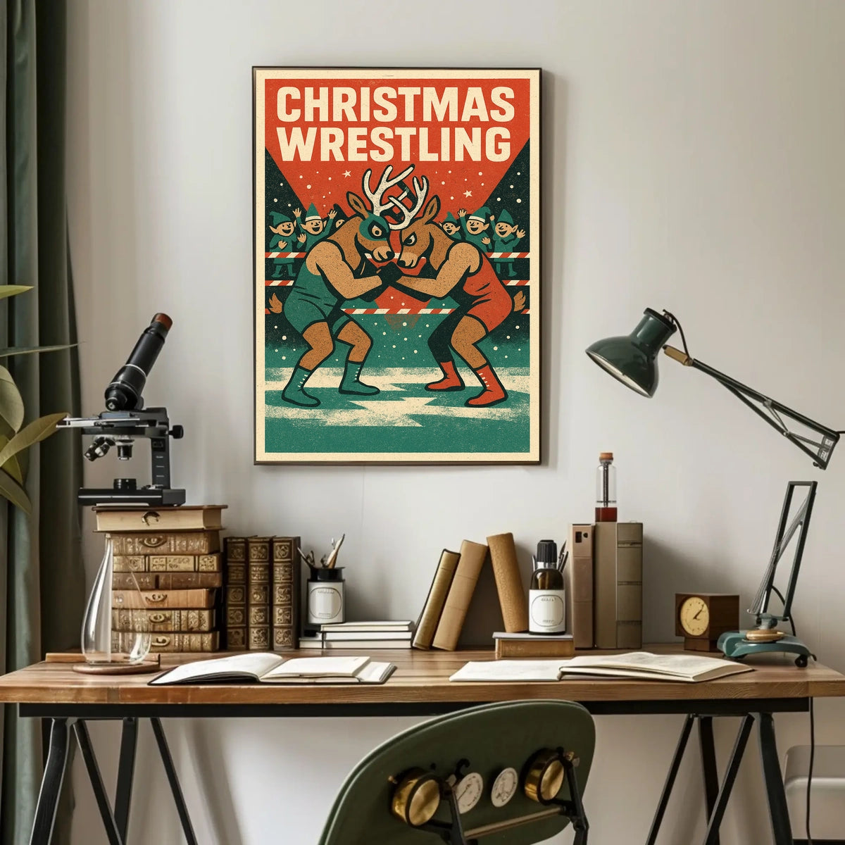 Christmas Wrestling Reindeer Vintage Sports Poster