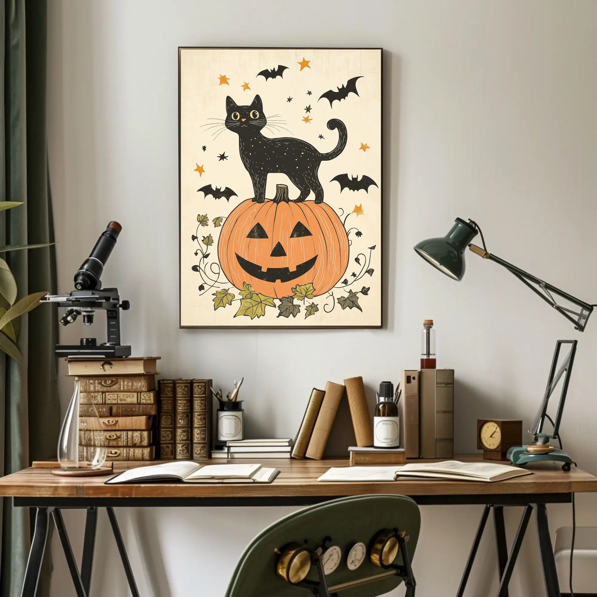 Halloween-Themed Black Cat Carved Pumpkin Bats Stars Poster
