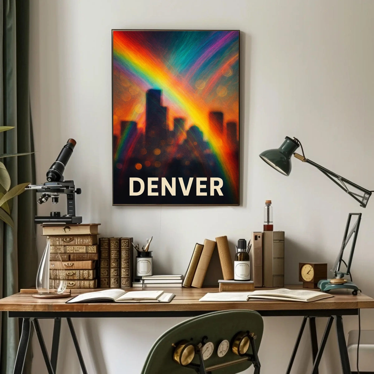 Denver Skyline Rainbow Minimalist Digital Painting Travel Urban Landscape Poster