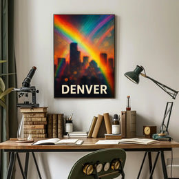 Denver Skyline Rainbow Minimalist Digital Painting Travel Urban Landscape Poster
