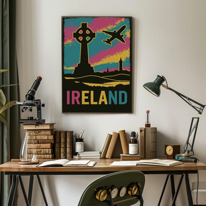 Ireland Celtic Cross Air Travel Retro Poster