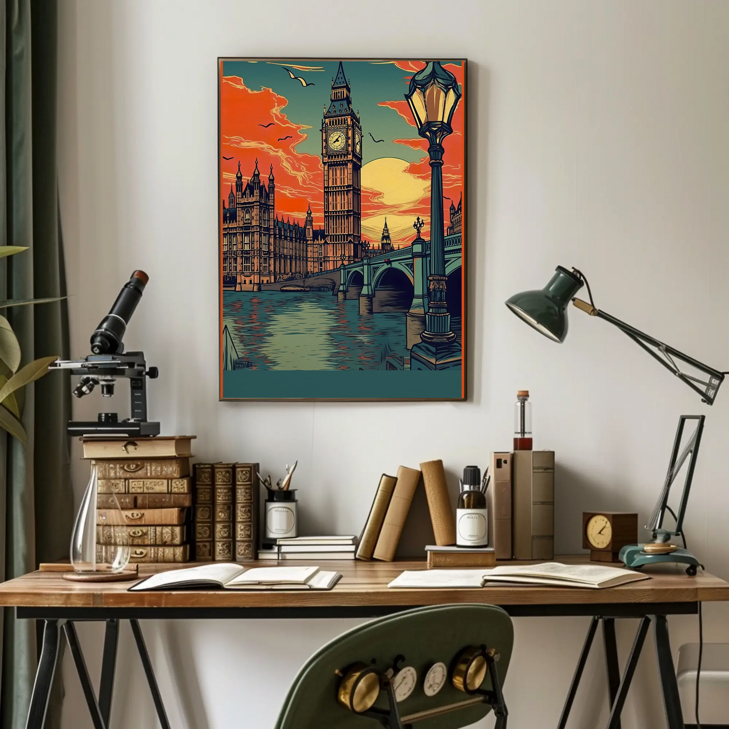 Big Ben London Sunset River Bridge Travel Poster