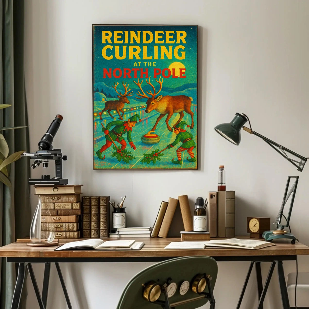 Reindeer Curling at the North Pole Poster