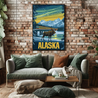 Alaska Vintage Poster - Moose and Northern Lights