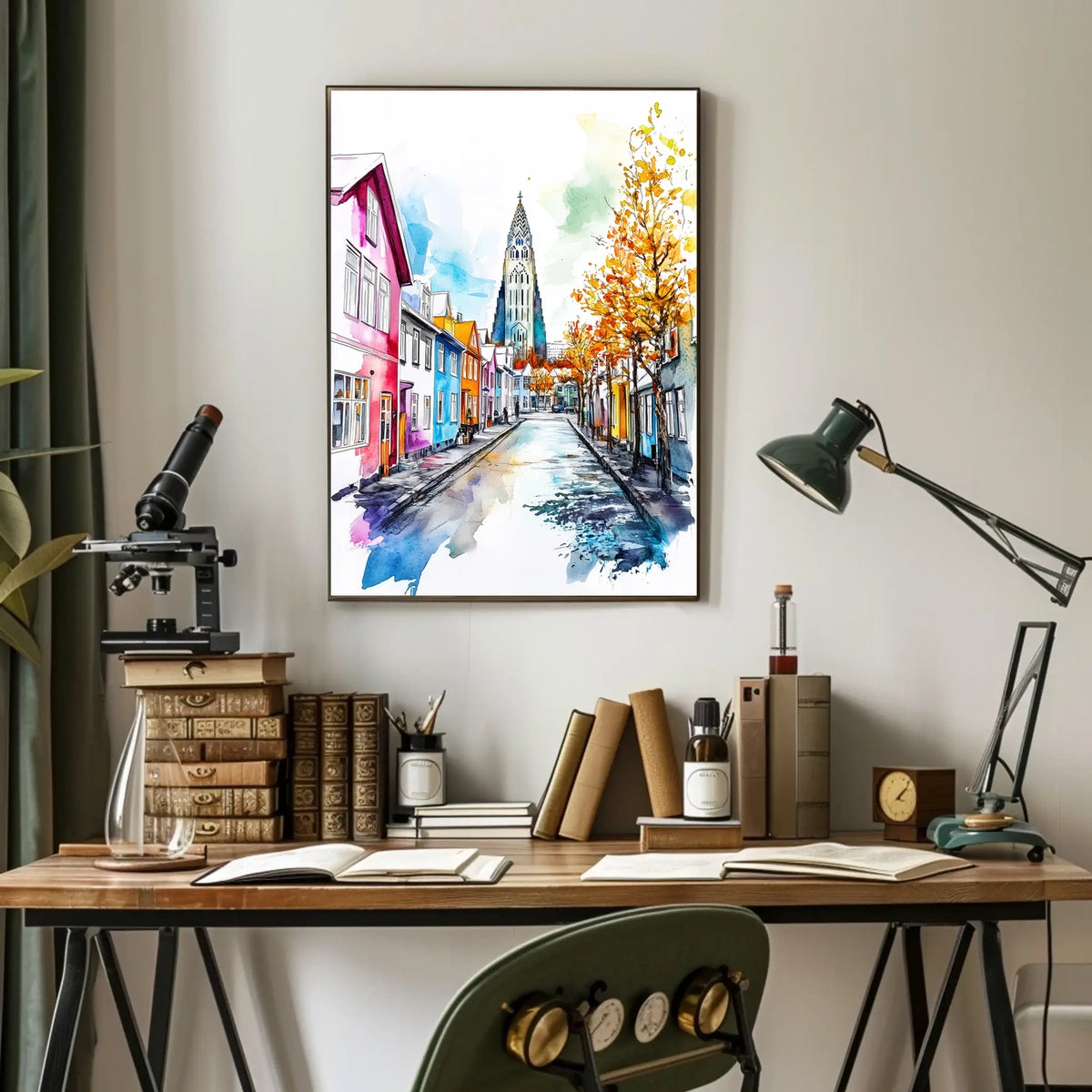 Iceland Reykjavik Colorful Street and Hallgrimskirkja Poster