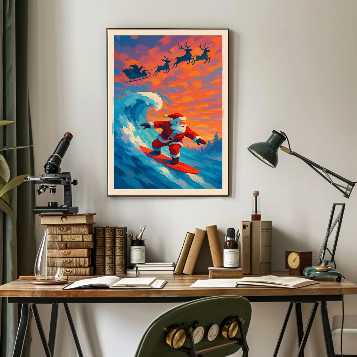 Santa Surfing Christmas Poster: Beach Meets Holiday Cheer