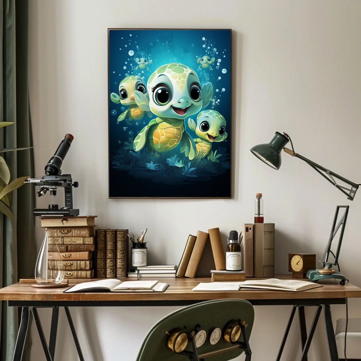Adorable Sea Turtles Underwater Cartoon Poster Print