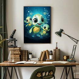 Adorable Sea Turtles Underwater Cartoon Poster Print
