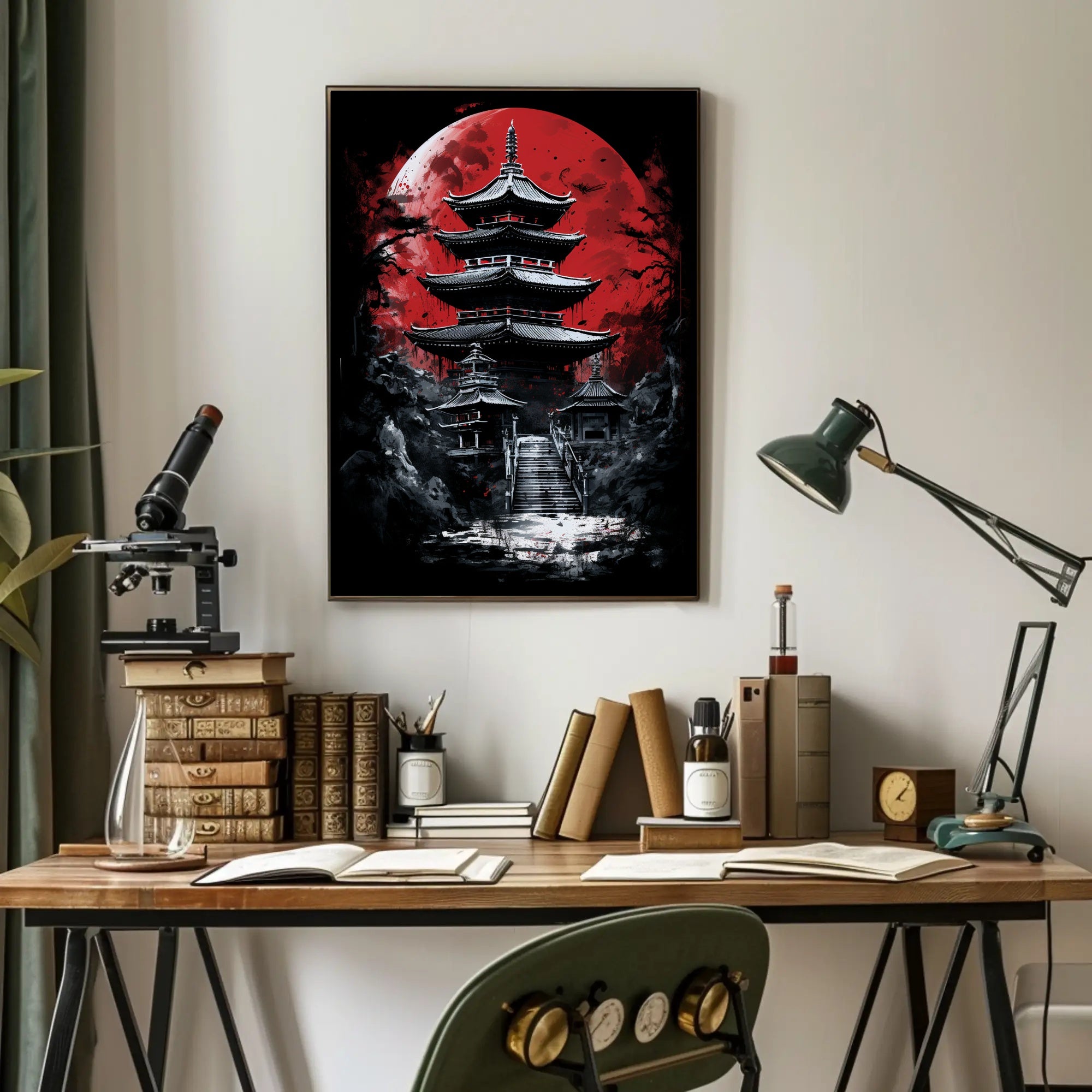 Traditional Japanese Pagoda with Red Moon Cultural Poster
