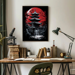 Traditional Japanese Pagoda with Red Moon Cultural Poster