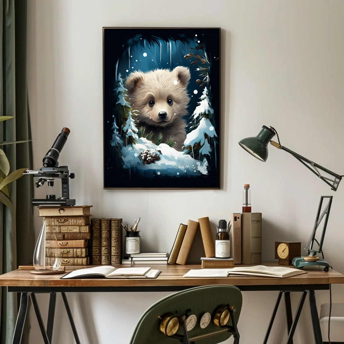 Adorable Bear Cub in Winter Forest Poster