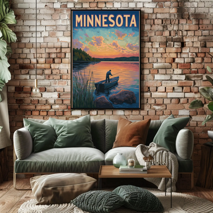 Minnesota Sunset Fishing Vintage Poster