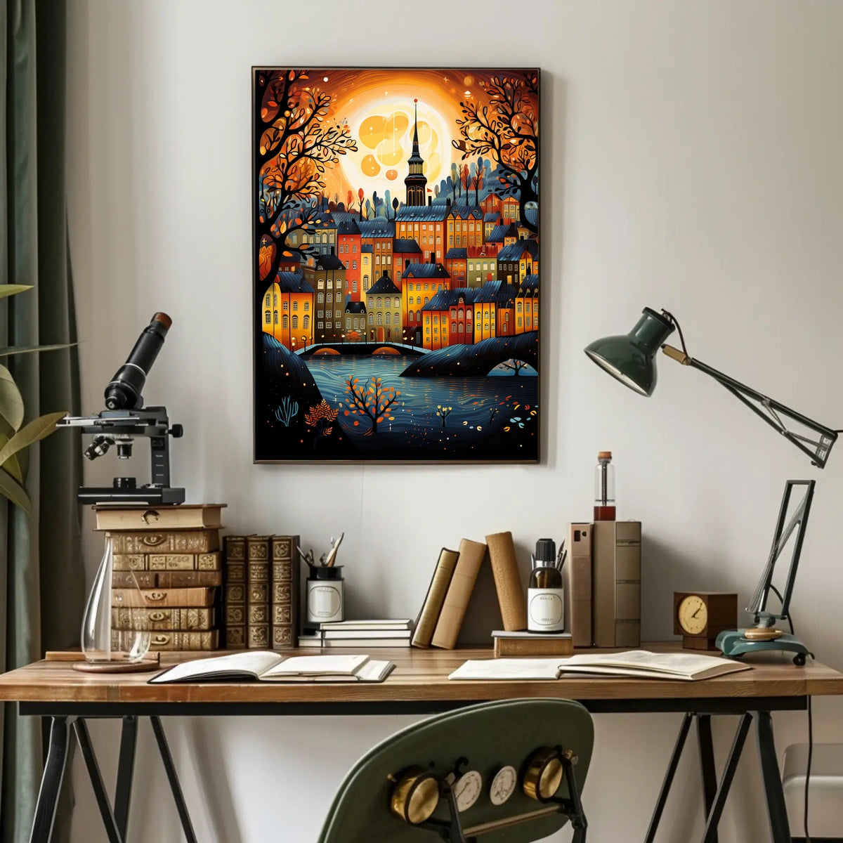 Vibrant Moonlit Classic European Townscape Art Travel Poster