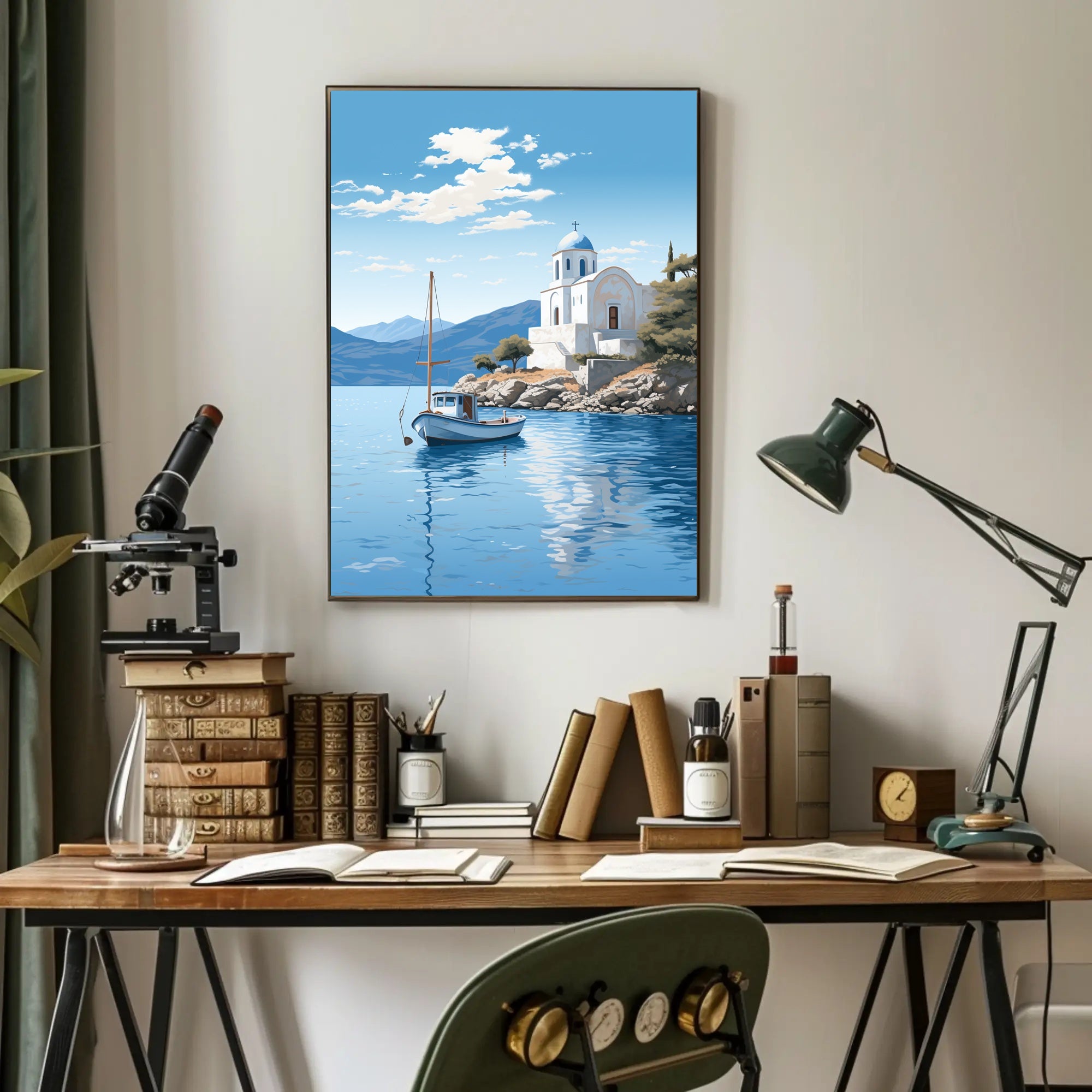 Mediterranean Coastal Serenity Greece Illustration - Travel Poster