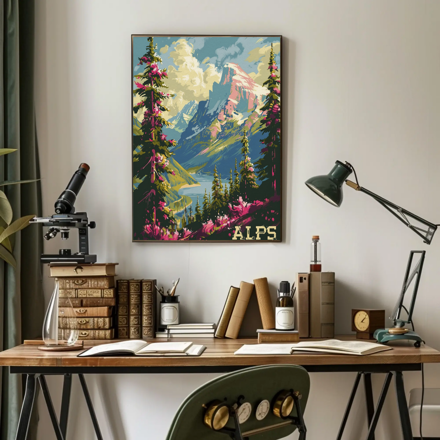 Alps Pink Flowers Lake Valley Peaks Travel Poster