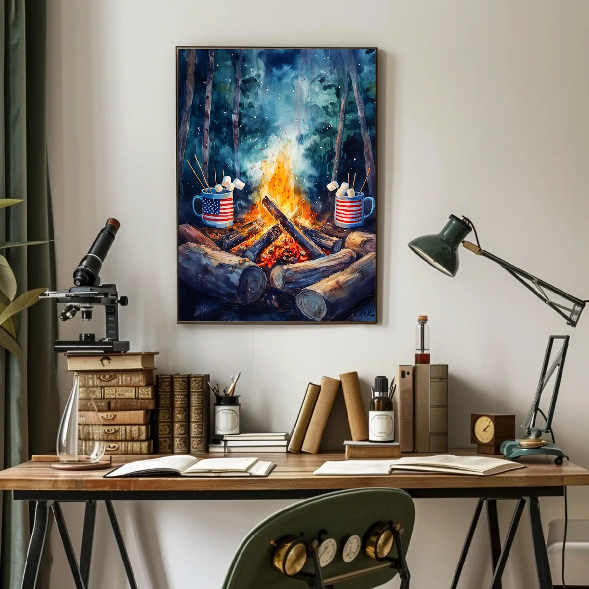 Cozy Campfire Night With American Flag Mugs Outdoor Poster