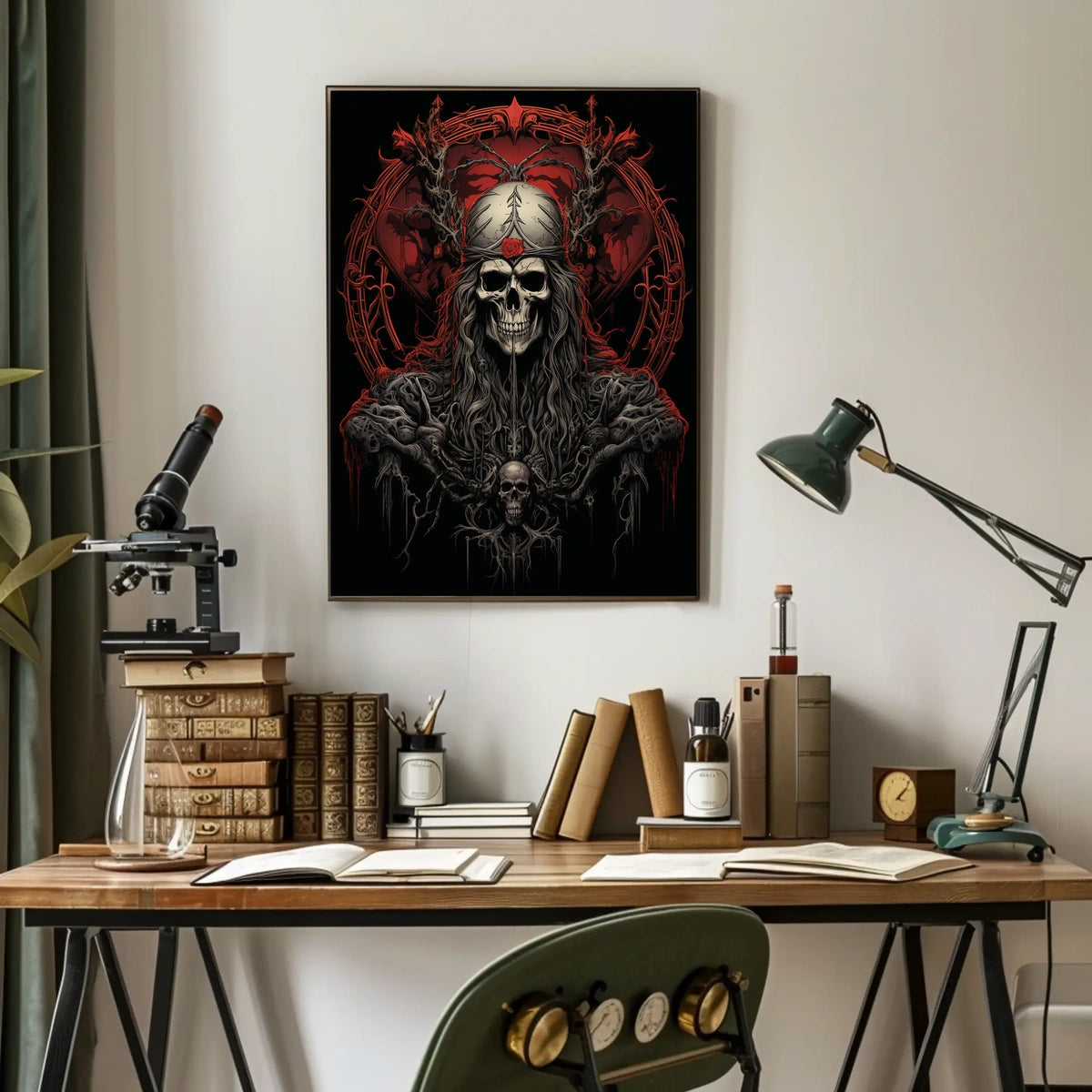 Gothic Skull Fantasy Art Poster with Red Rose