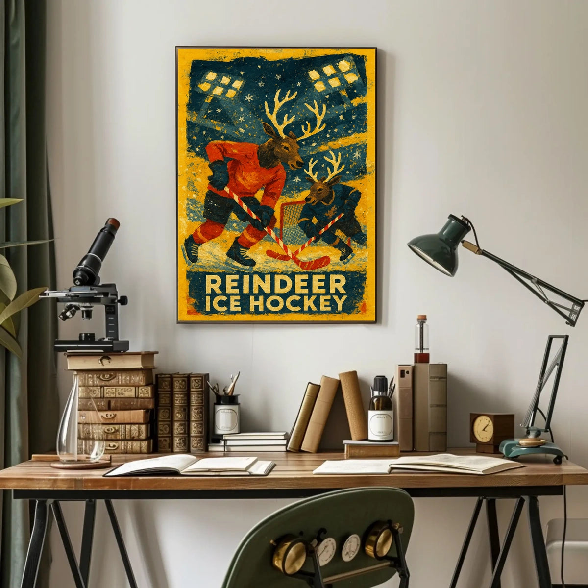 Whimsical Reindeer Ice Hockey Vintage Sports Poster