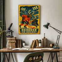 Whimsical Reindeer Ice Hockey Vintage Sports Poster