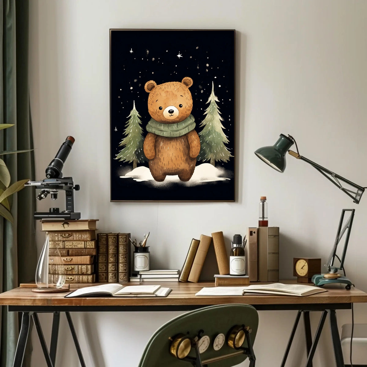 Whimsical Bear Winter Night Scene Art Poster