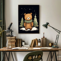 Whimsical Bear Winter Night Scene Art Poster