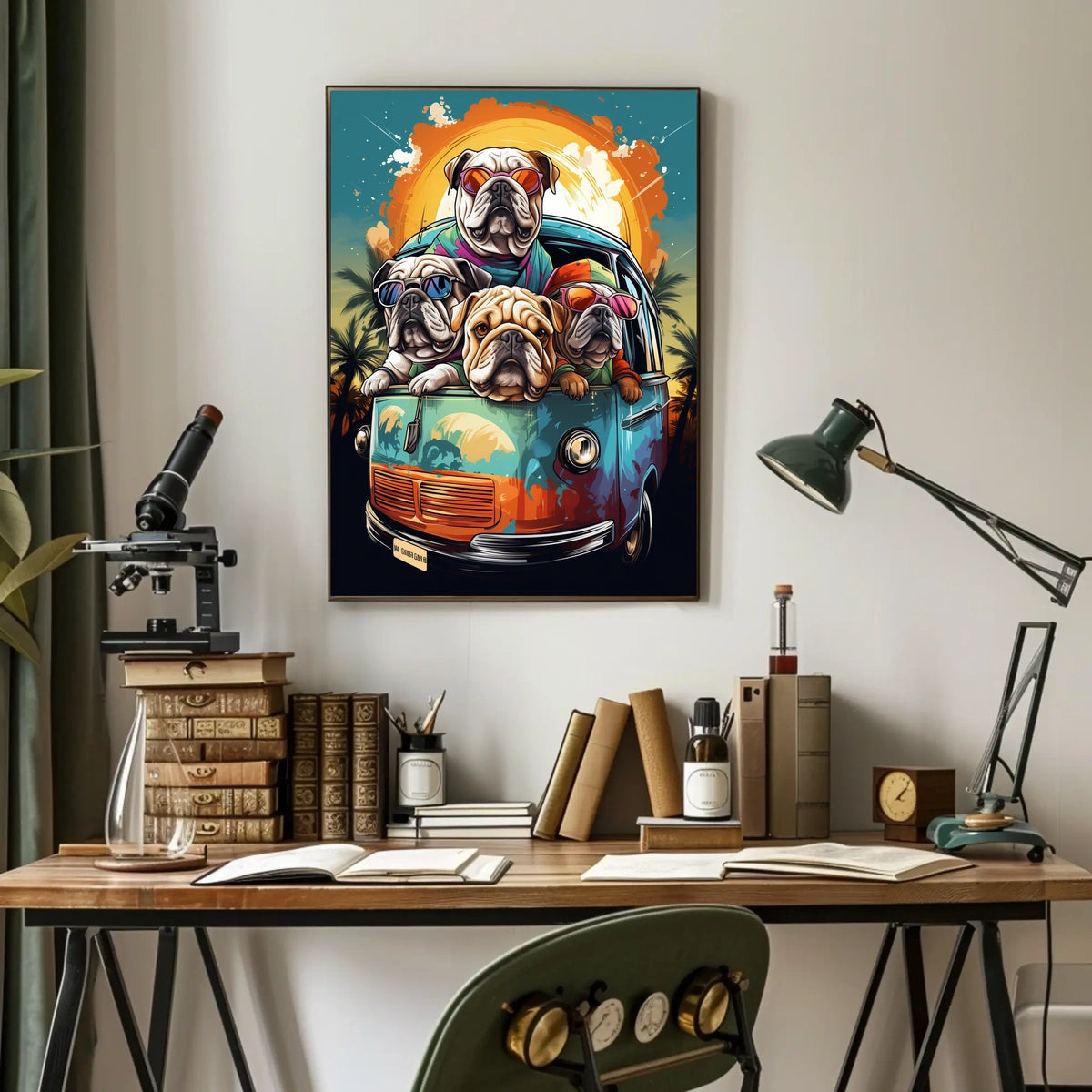 Whimsical Bulldogs in Retro Van Art Poster