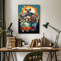 Whimsical Bulldogs in Retro Van Art Poster