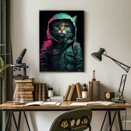 Anthropomorphic Cat in Rain Jacket Surreal Poster
