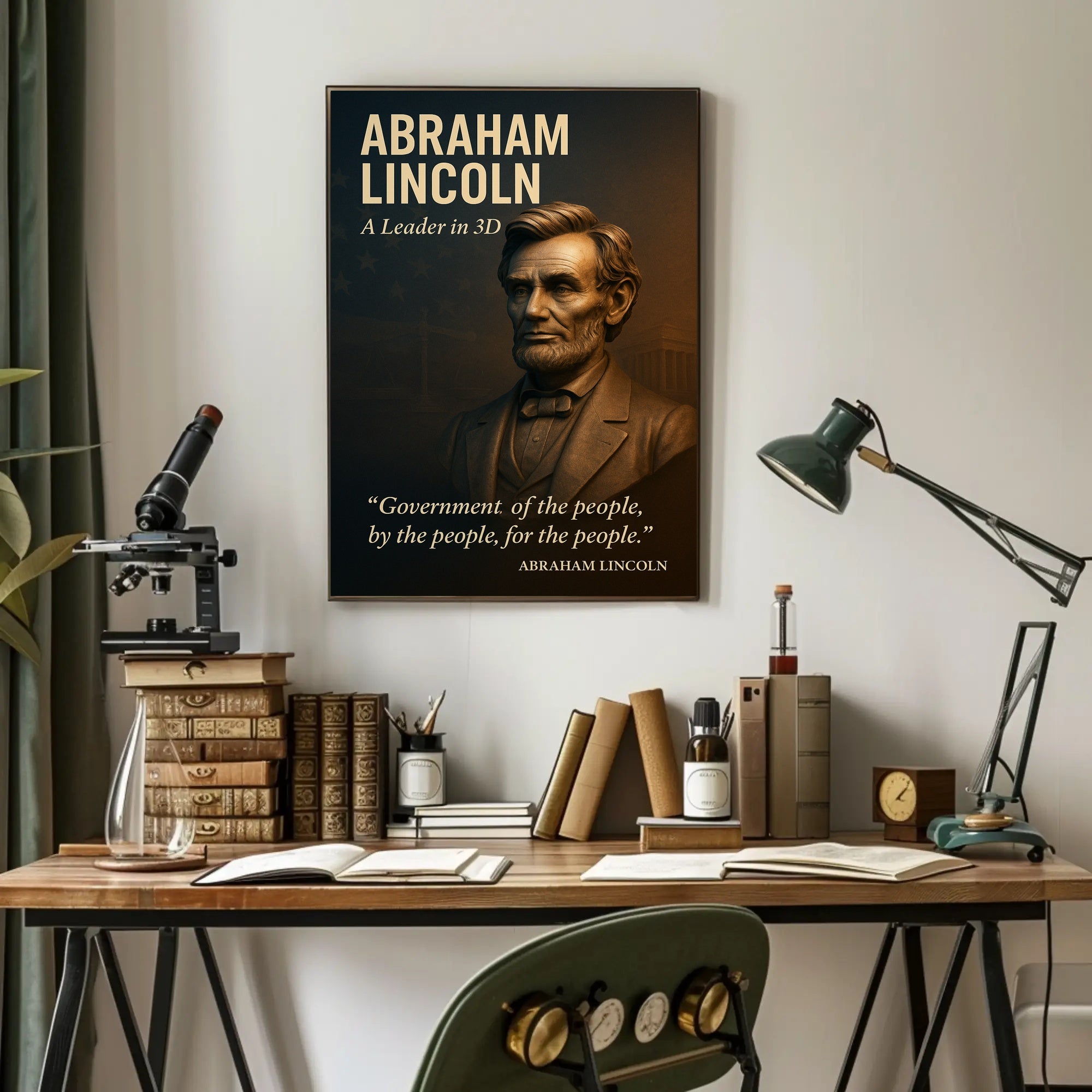 Abraham Lincoln 3D Portrait with Patriotic Quote Historical Poster PosterGoat