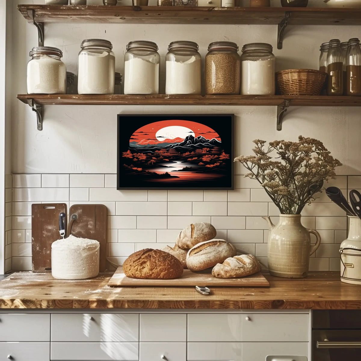 Tranquil Landscape Under A Crimson Moon Poster