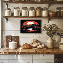 Tranquil Landscape Under A Crimson Moon Poster