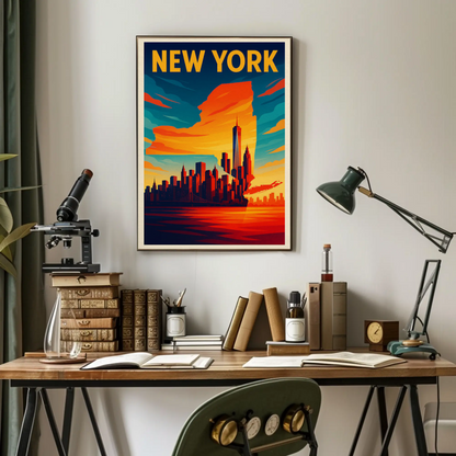 New York State Outline Skyline Sunset Silhouette Travel Poster