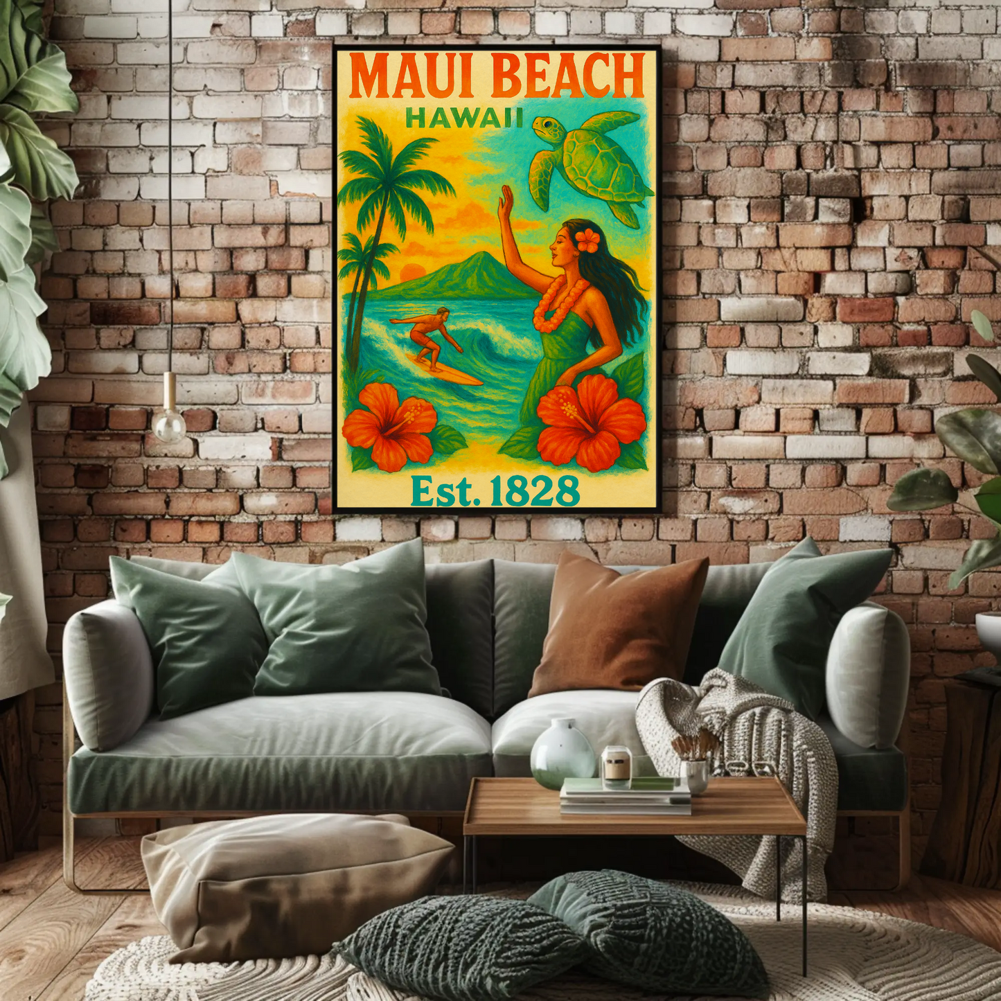 Maui Beach Hawaii Surf Dancer Est 1828 Vintage Travel Poster