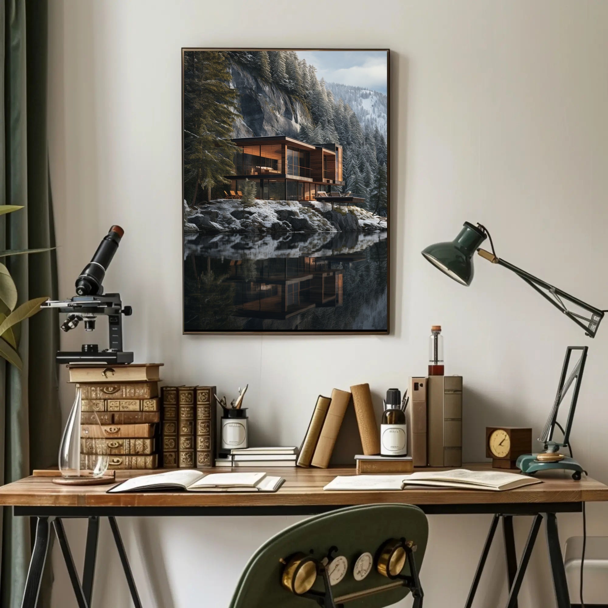 Modern Architectural House in Tranquil Winter Forest Artistic Poster