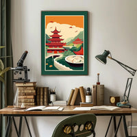 Title: Serene Asian Landscape with Culinary Fusion Poster
