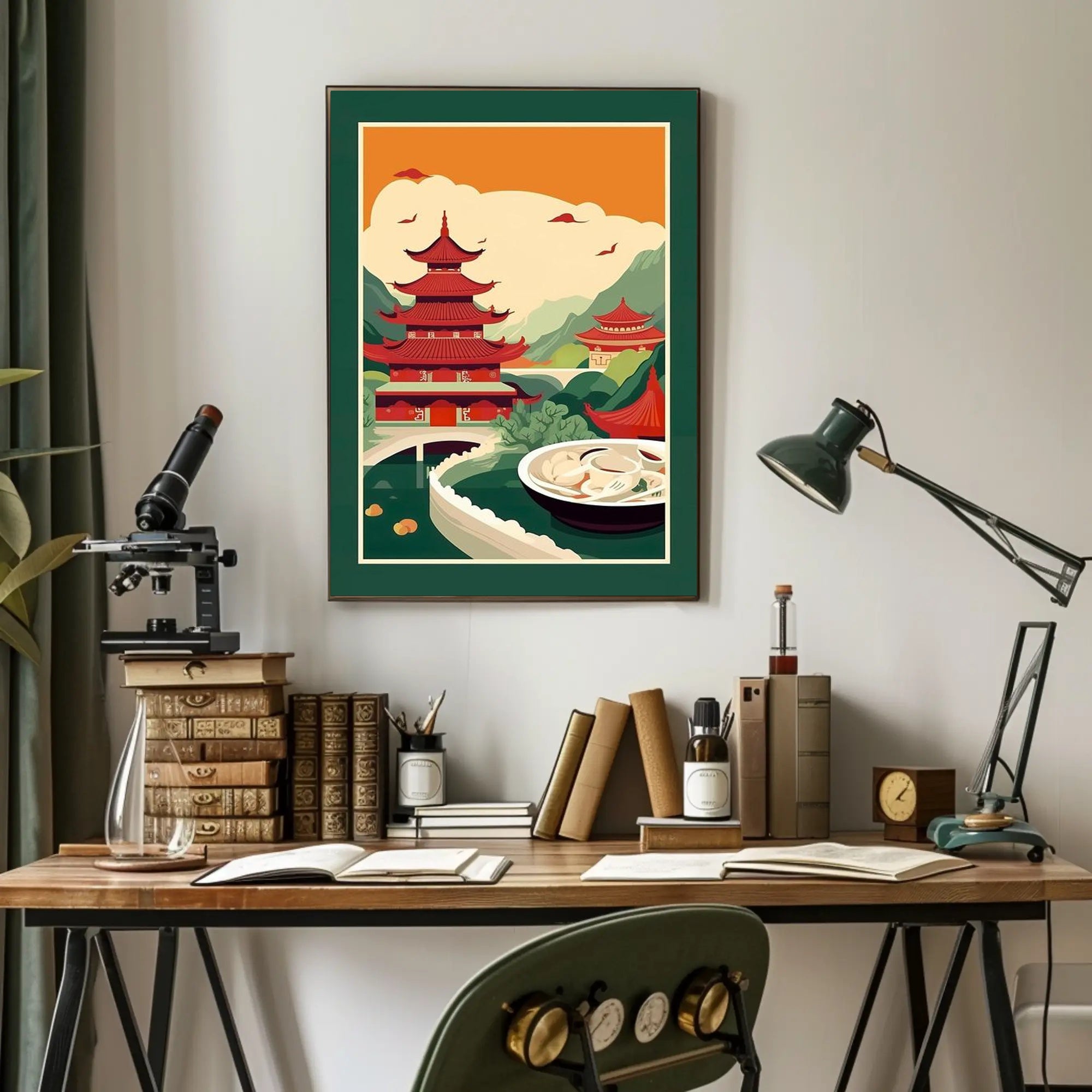 Title: Serene Asian Landscape with Culinary Fusion Poster