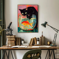 Curious Cat And Goldfish Poster Colorful Art Print