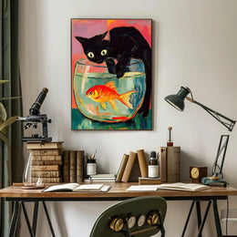 Curious Cat And Goldfish Poster Colorful Art Print