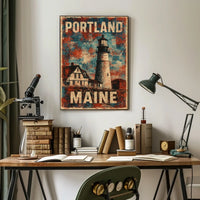 Portland Maine Lighthouse Coastal Escape Watercolor Realism Harbor Sunrise Palette Timeless Coastal Town Poster