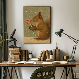 Winter Squirrel with Candy Cane Poster