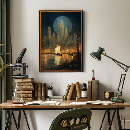 New York City Night Lights and Boat Travel Poster