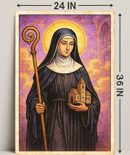 Saintly Figure with Church Model Poster PosterGoat