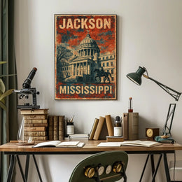 Jackson Mississippi Vintage Patriotic Architecture Capitol Building Heritage Horse Statue Eighties Typography Poster