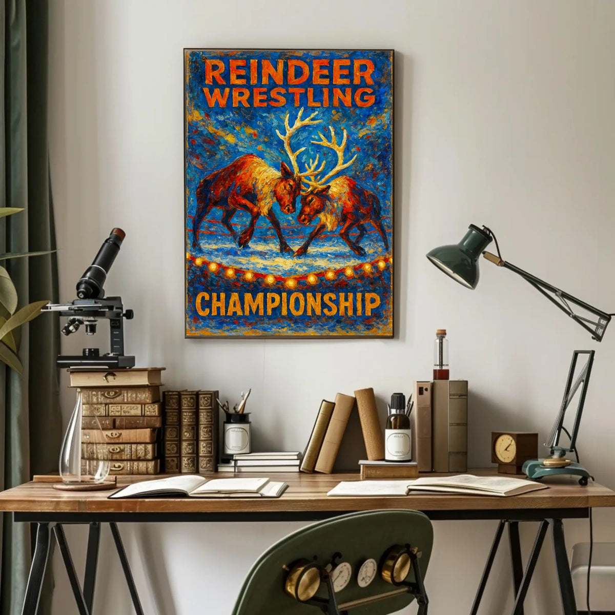 Reindeer Wrestling Championship Artistic Poster: Bold & Whimsical