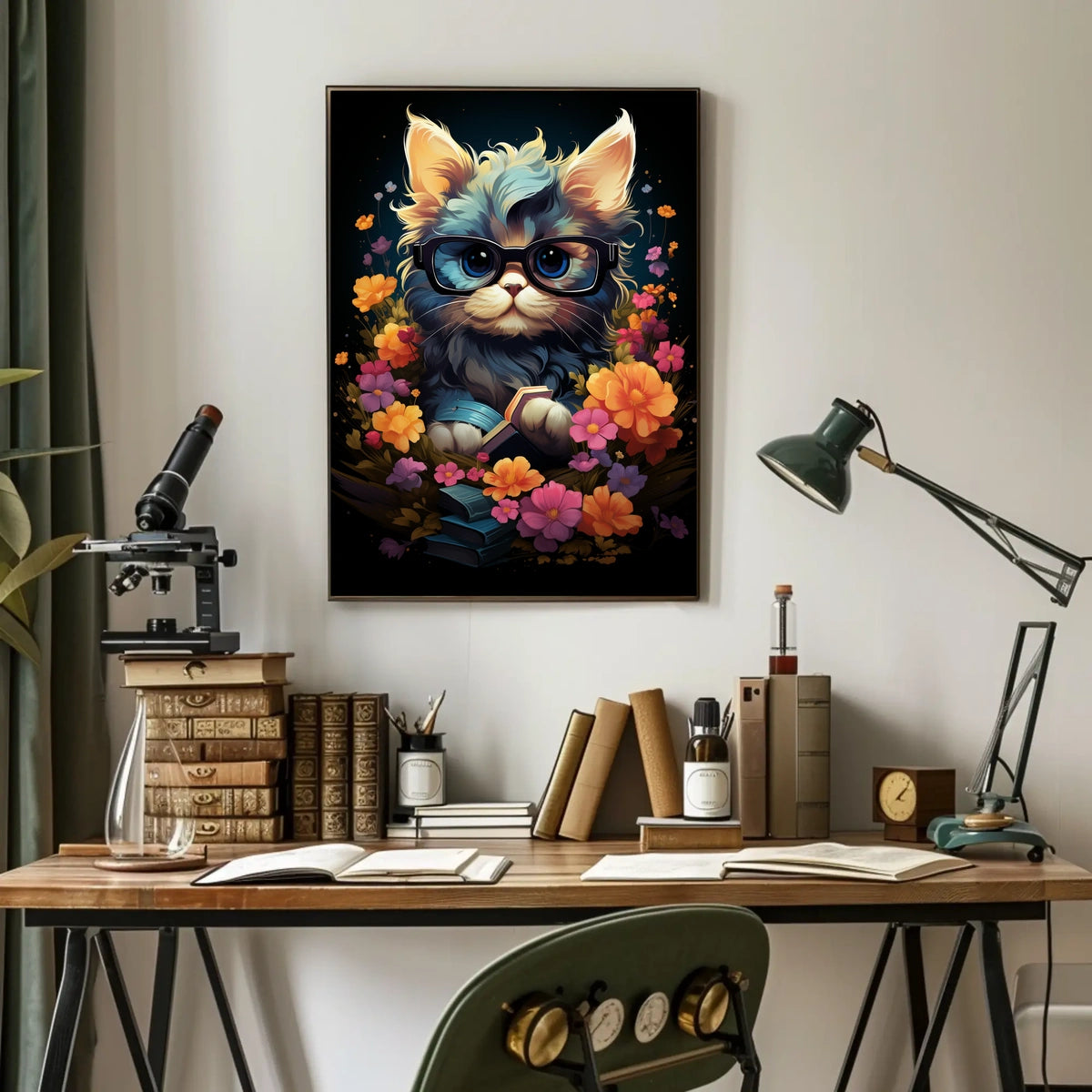 Whimsical Cat Poster: Glasses, Flowers, Books, Fantasy