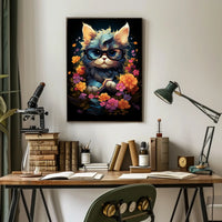 Whimsical Cat Poster: Glasses, Flowers, Books, Fantasy