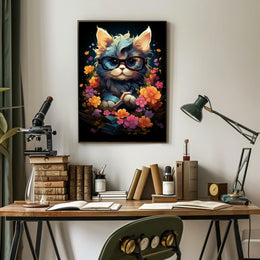 Whimsical Cat Poster: Glasses, Flowers, Books, Fantasy