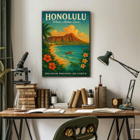 Honolulu Vintage Paradise Travel Poster Illustration