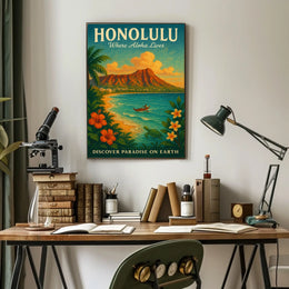 Honolulu Vintage Paradise Travel Poster Illustration
